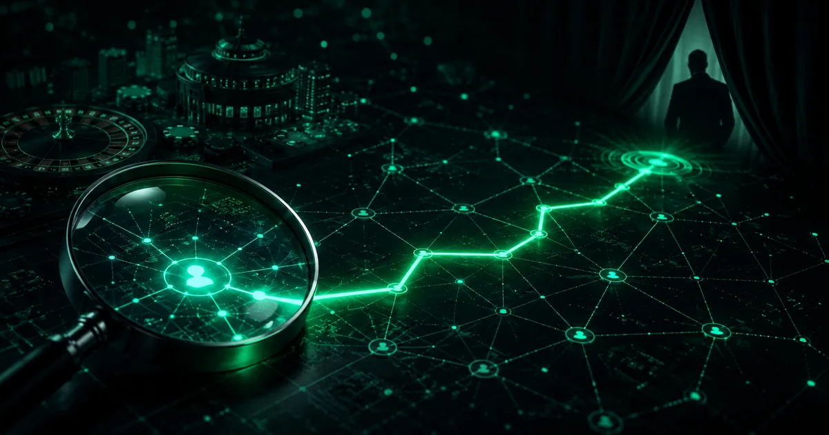 A magnifier tracing a glowing line across a network toward a hidden source node
