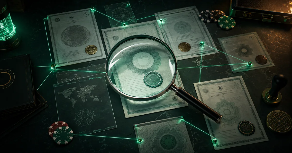 A forensic desk: a magnifying glass over licence certificates linked by glowing emerald evidence lines