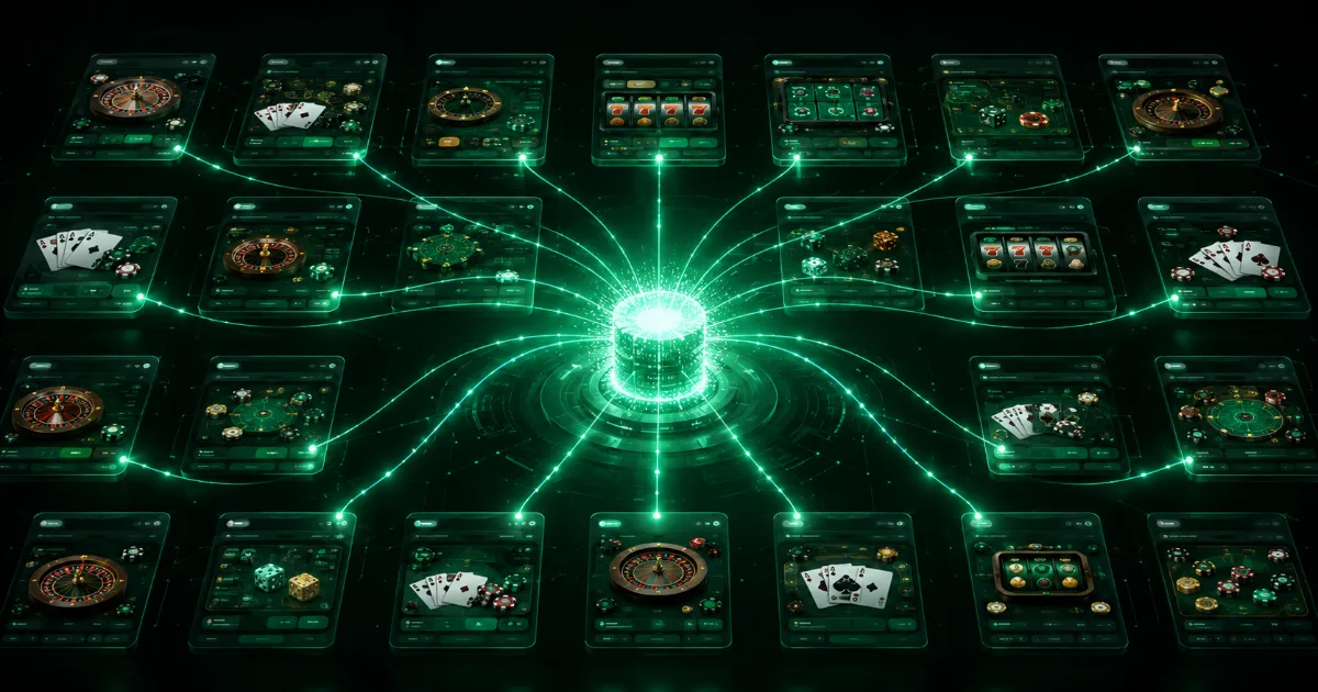 Glowing casino app tiles traced by emerald lines back to a single central operator node