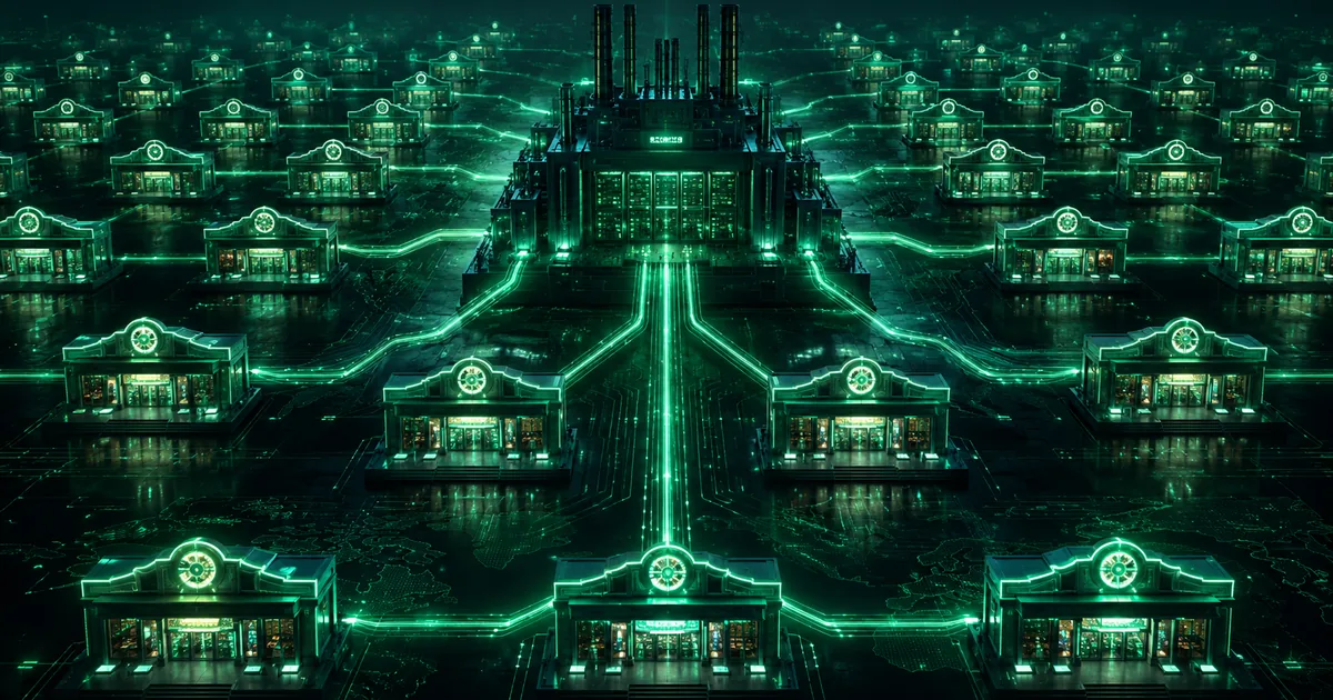 Rows of identical glowing storefronts from one backend, evoking white-label casinos
